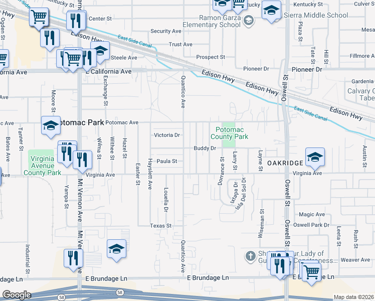 map of restaurants, bars, coffee shops, grocery stores, and more near 2628 Paula Street in Bakersfield