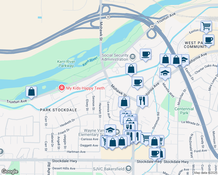 map of restaurants, bars, coffee shops, grocery stores, and more near 1001 Mohawk Street in Bakersfield