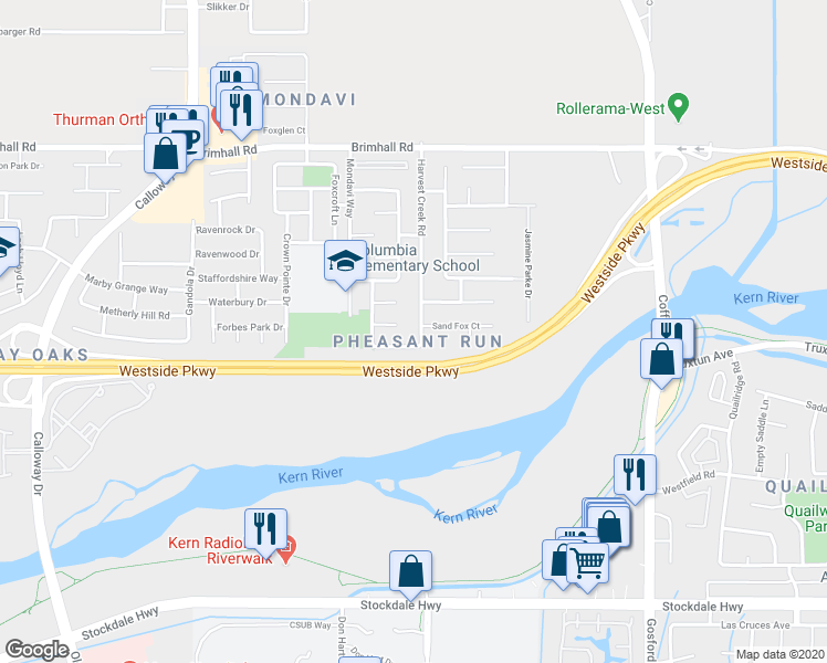 map of restaurants, bars, coffee shops, grocery stores, and more near 401 Harvest Creek Road in Bakersfield