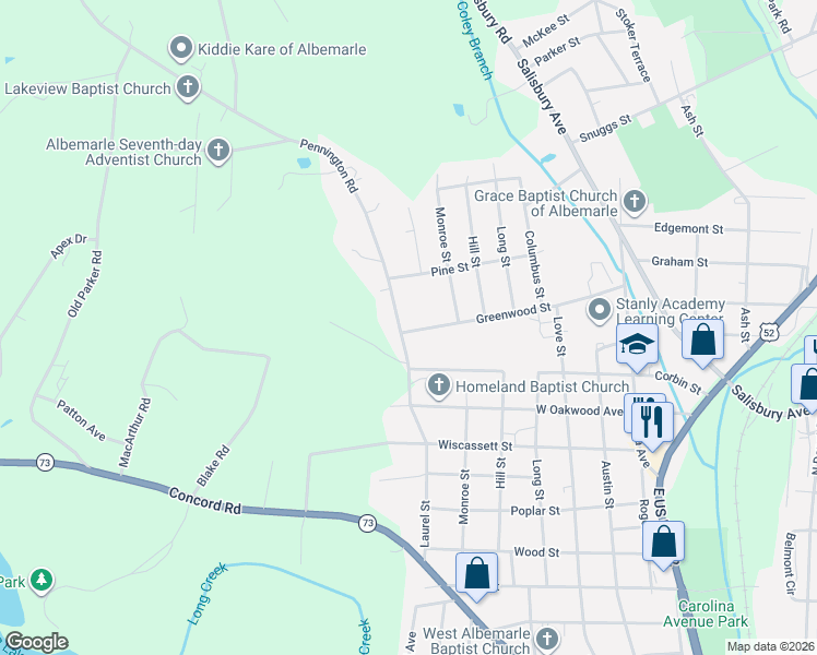 map of restaurants, bars, coffee shops, grocery stores, and more near 1110 Pennington Road in Albemarle