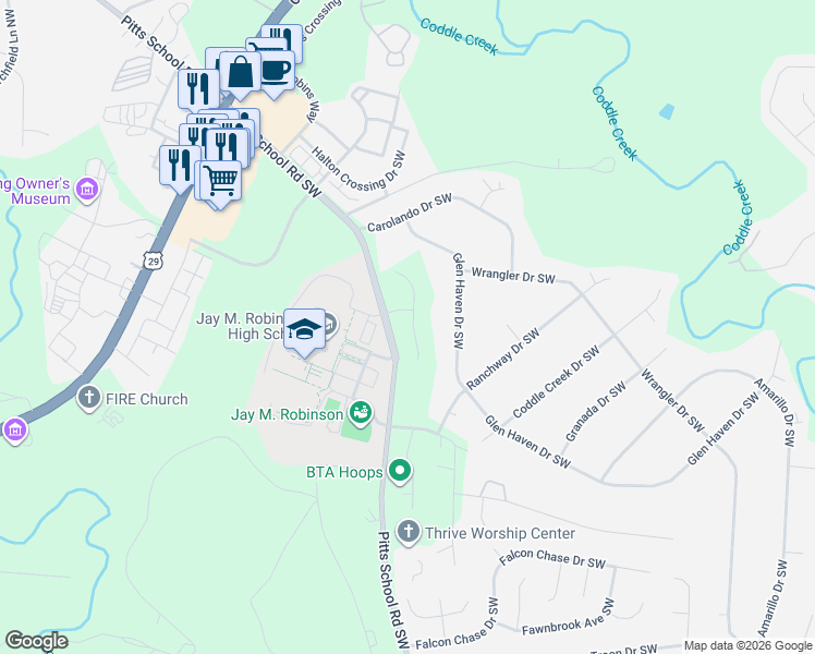 map of restaurants, bars, coffee shops, grocery stores, and more near 255-265 Pitts School Road Southwest in Concord