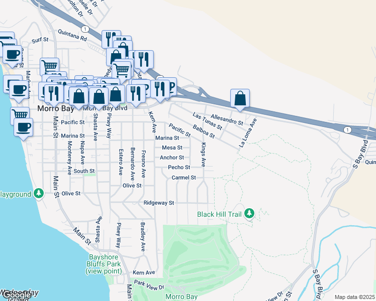 map of restaurants, bars, coffee shops, grocery stores, and more near 998 Mesa Street in Morro Bay