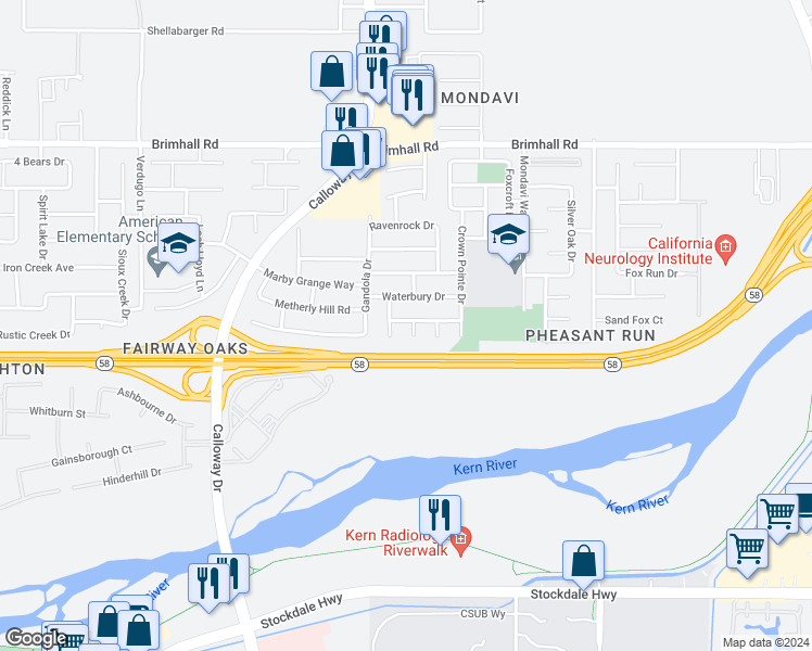 map of restaurants, bars, coffee shops, grocery stores, and more near 417 Cockney Court in Bakersfield