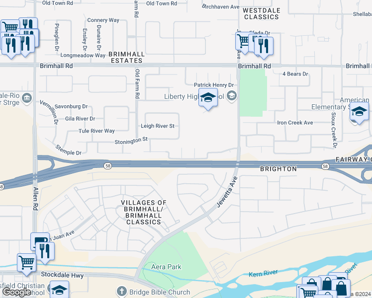 map of restaurants, bars, coffee shops, grocery stores, and more near 514 Flathead River Court in Bakersfield
