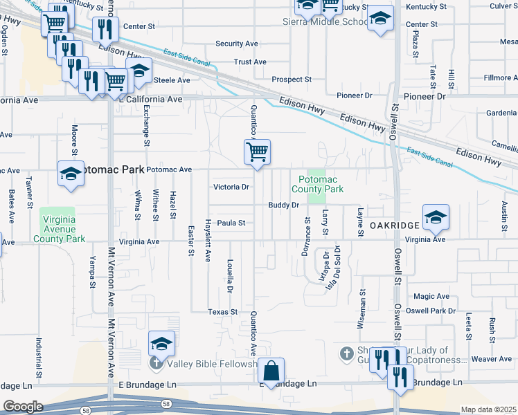 map of restaurants, bars, coffee shops, grocery stores, and more near 2628 Paula Street in Bakersfield
