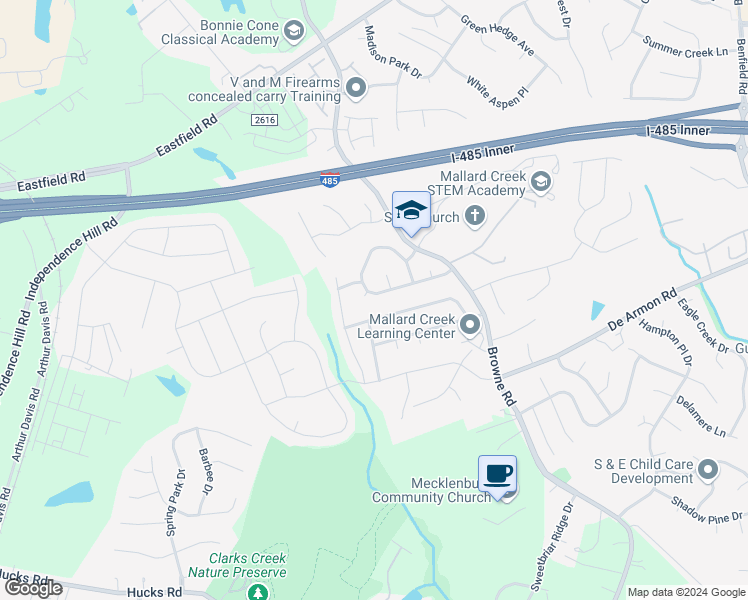 map of restaurants, bars, coffee shops, grocery stores, and more near 11104 White Stag Drive in Charlotte
