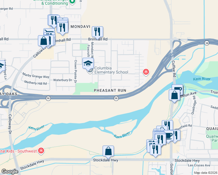 map of restaurants, bars, coffee shops, grocery stores, and more near 401 Harvest Creek Road in Bakersfield