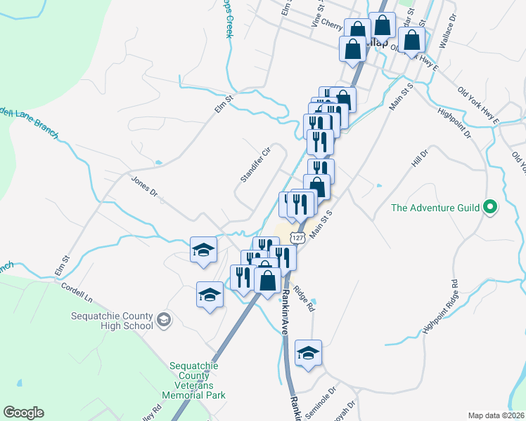 map of restaurants, bars, coffee shops, grocery stores, and more near 150 Valley View Drive in Dunlap