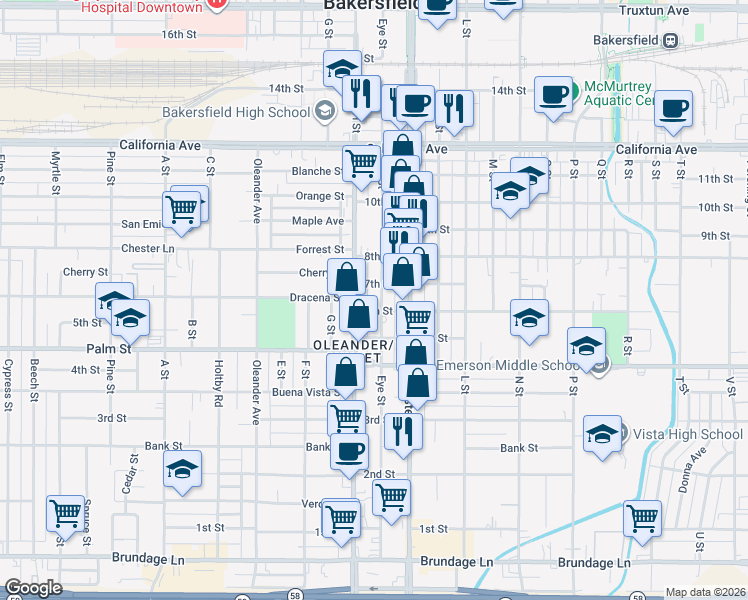 map of restaurants, bars, coffee shops, grocery stores, and more near 603 Eye Street in Bakersfield