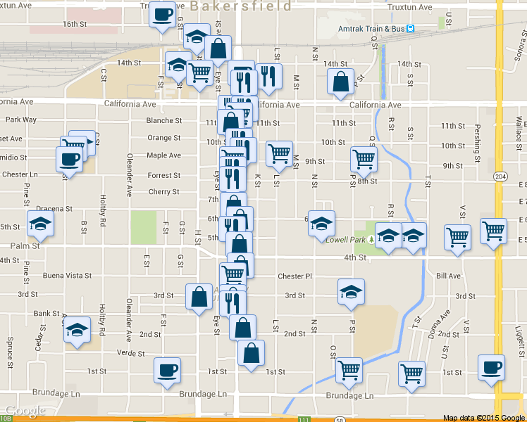 map of restaurants, bars, coffee shops, grocery stores, and more near 530 K Street in Bakersfield