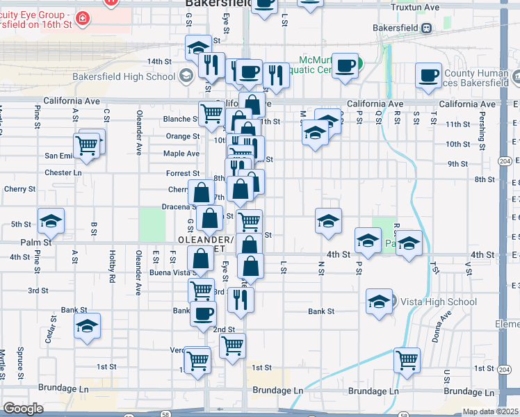 map of restaurants, bars, coffee shops, grocery stores, and more near 530 K Street in Bakersfield