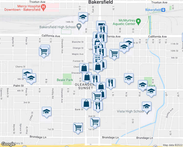map of restaurants, bars, coffee shops, grocery stores, and more near 525 Eye Street in Bakersfield
