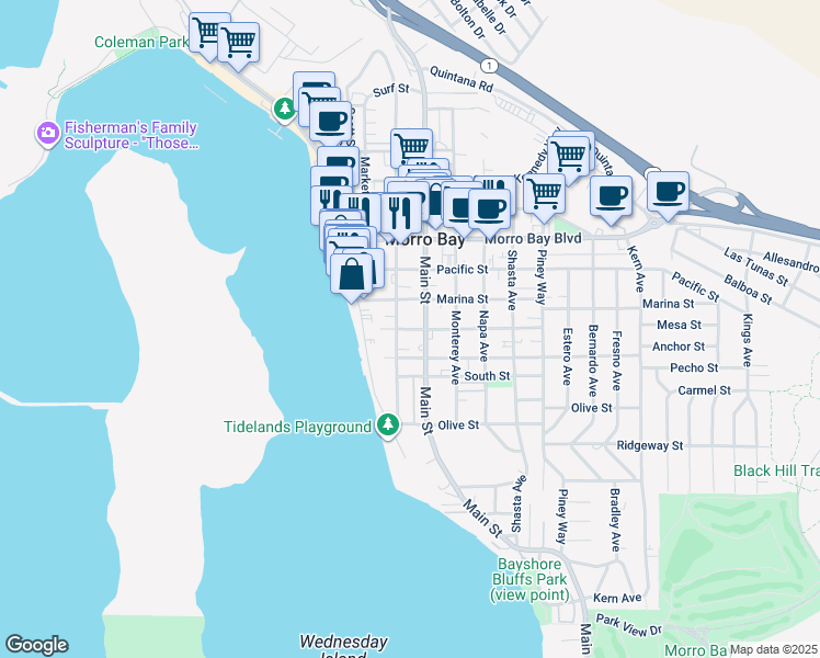 map of restaurants, bars, coffee shops, grocery stores, and more near 265 Anchor Street in Morro Bay