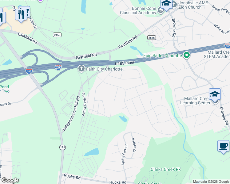 map of restaurants, bars, coffee shops, grocery stores, and more near 9518 Harvard Oak Court in Charlotte
