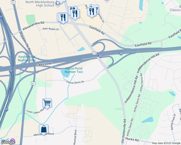 map of restaurants, bars, coffee shops, grocery stores, and more near 12301 Vance Davis Drive in Charlotte