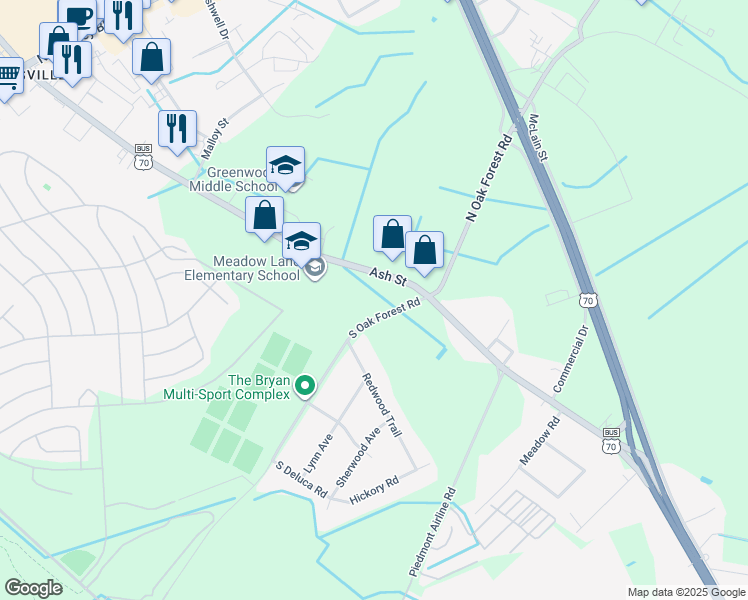 map of restaurants, bars, coffee shops, grocery stores, and more near 148 South Oak Forest Road in Goldsboro
