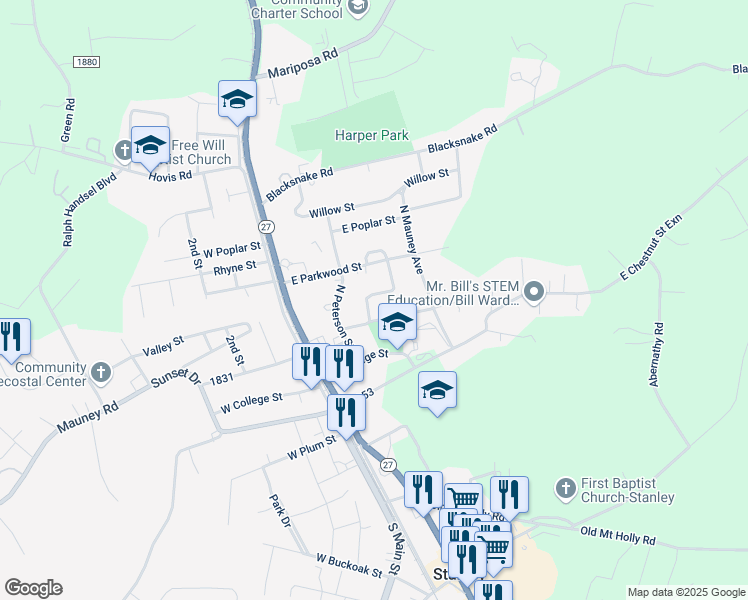 map of restaurants, bars, coffee shops, grocery stores, and more near 303 East Brevard Street in Stanley