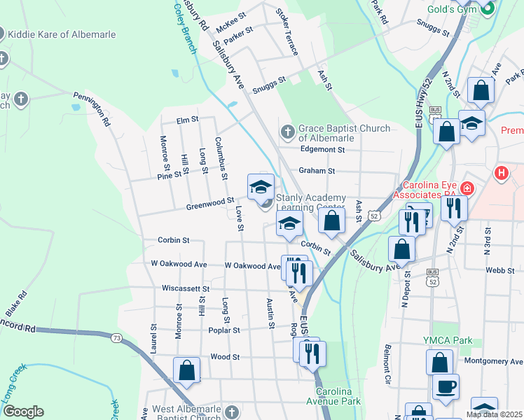 map of restaurants, bars, coffee shops, grocery stores, and more near 1121 Austin Street in Albemarle