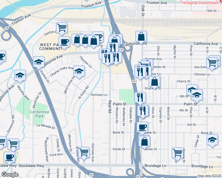 map of restaurants, bars, coffee shops, grocery stores, and more near 500 Real Road in Bakersfield