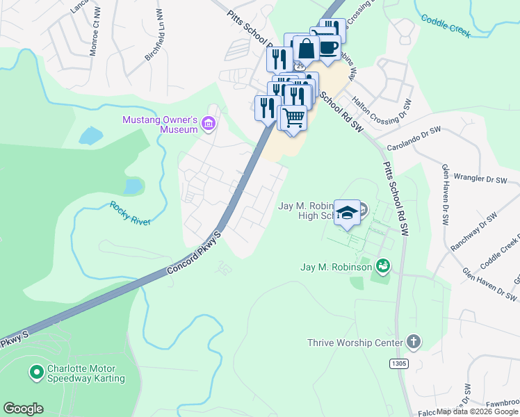 map of restaurants, bars, coffee shops, grocery stores, and more near 4187 Concord Parkway South in Concord