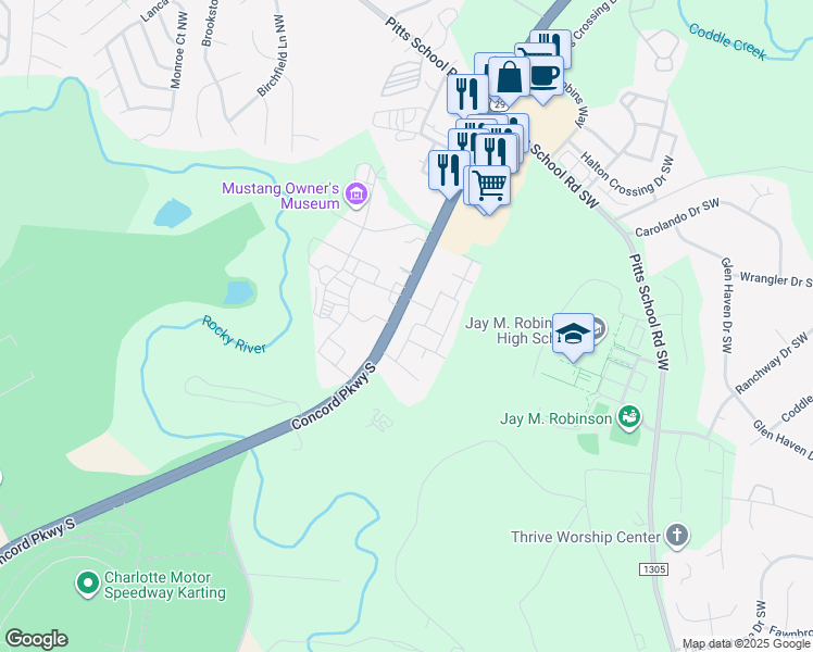 map of restaurants, bars, coffee shops, grocery stores, and more near 4187 Concord Parkway South in Concord
