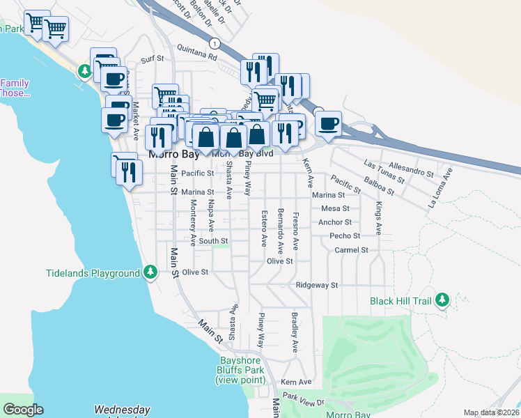 map of restaurants, bars, coffee shops, grocery stores, and more near 561 Estero Avenue in Morro Bay