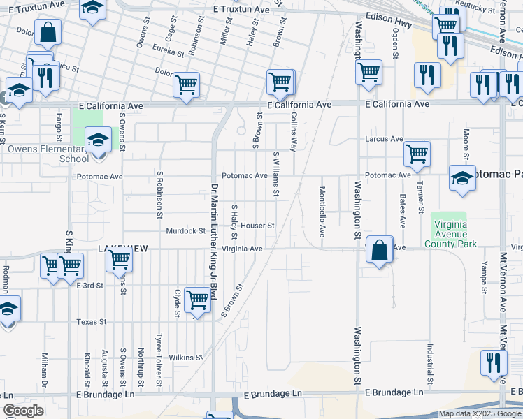map of restaurants, bars, coffee shops, grocery stores, and more near 500 South Brown Street in Bakersfield