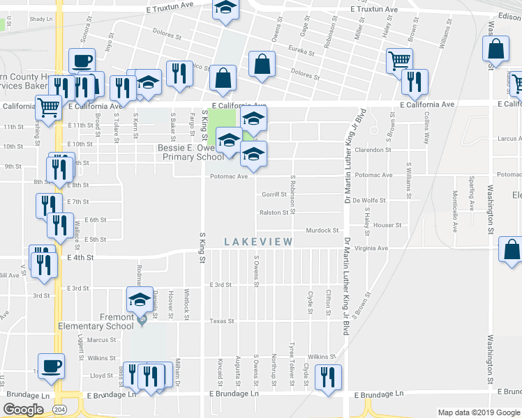 map of restaurants, bars, coffee shops, grocery stores, and more near 1106 Murdock Street in Bakersfield