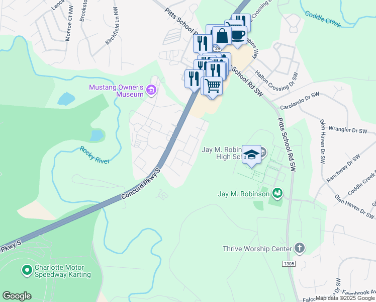map of restaurants, bars, coffee shops, grocery stores, and more near 4187 Concord Parkway South in Concord