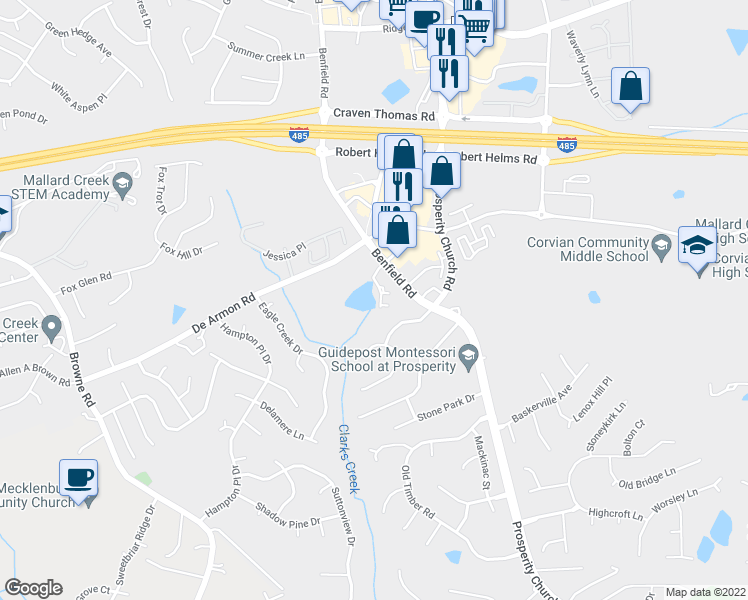 map of restaurants, bars, coffee shops, grocery stores, and more near 12415 Loganville Drive in Charlotte