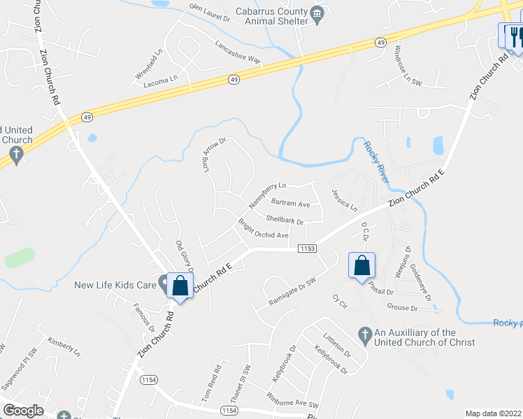 map of restaurants, bars, coffee shops, grocery stores, and more near 657 Shellbark Drive in Concord