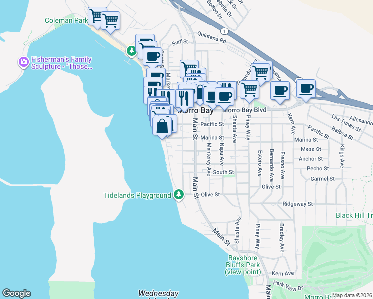 map of restaurants, bars, coffee shops, grocery stores, and more near 245 Driftwood Street in Morro Bay