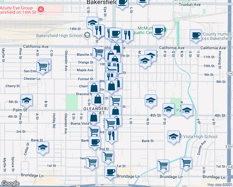 map of restaurants, bars, coffee shops, grocery stores, and more near 529 Chester Avenue in Bakersfield