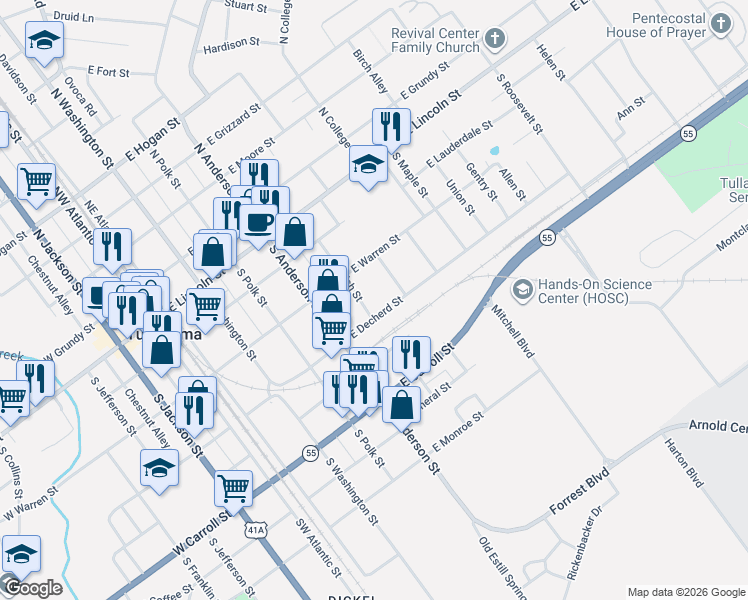 map of restaurants, bars, coffee shops, grocery stores, and more near 500 East Decherd Street in Tullahoma