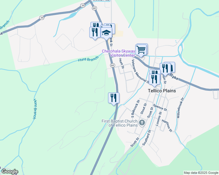 map of restaurants, bars, coffee shops, grocery stores, and more near 145 High Street in Tellico Plains