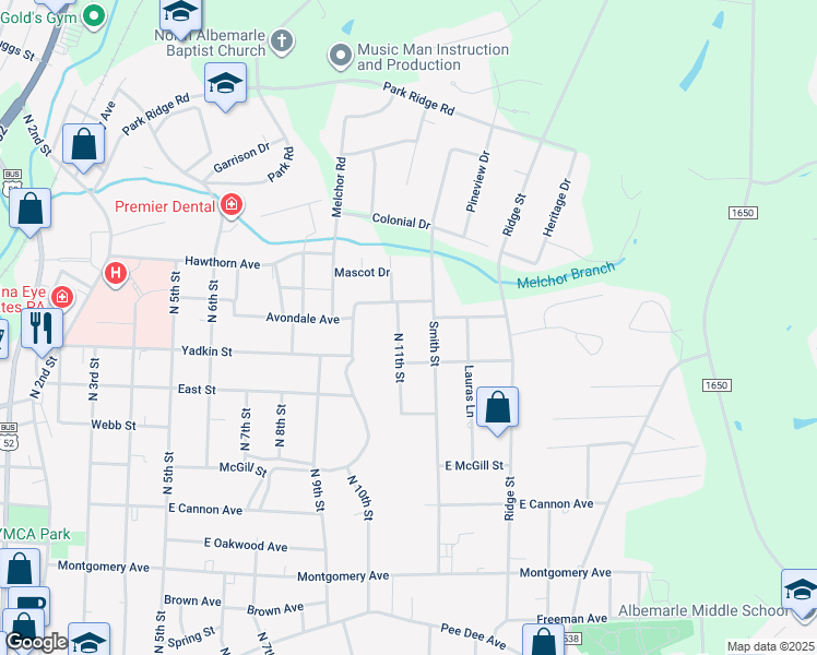 map of restaurants, bars, coffee shops, grocery stores, and more near 910 North 11th Street in Albemarle