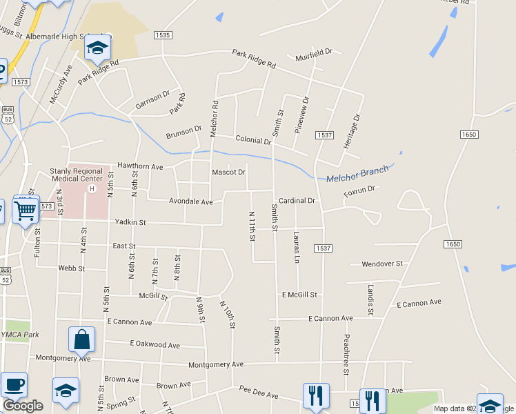 map of restaurants, bars, coffee shops, grocery stores, and more near 910 North 11th Street in Albemarle