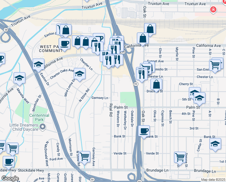 map of restaurants, bars, coffee shops, grocery stores, and more near 510 Real Road in Bakersfield