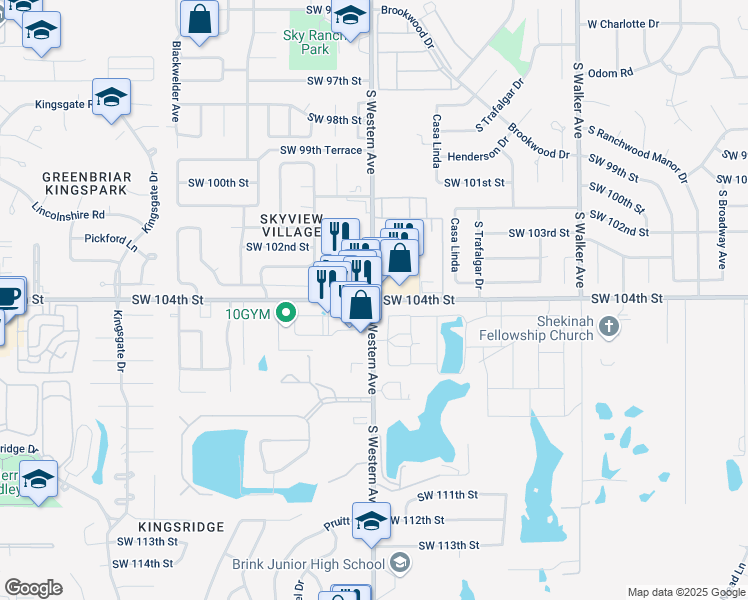 map of restaurants, bars, coffee shops, grocery stores, and more near Southwest 104th Street & South Western Avenue in Oklahoma City