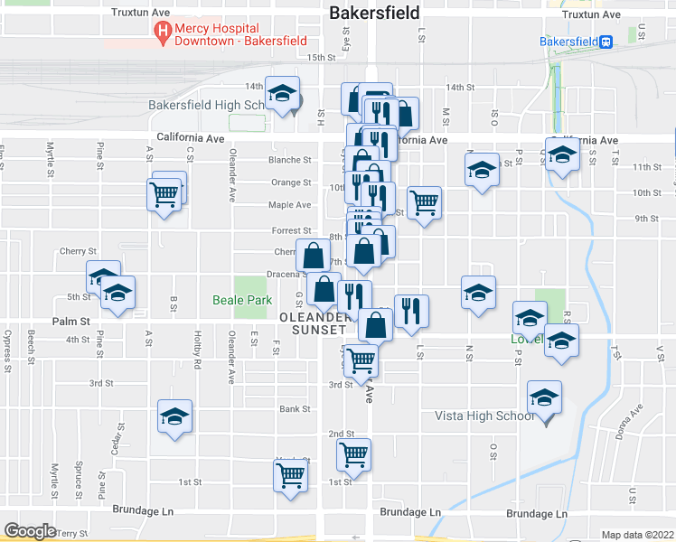 map of restaurants, bars, coffee shops, grocery stores, and more near 615 Eye Street in Bakersfield