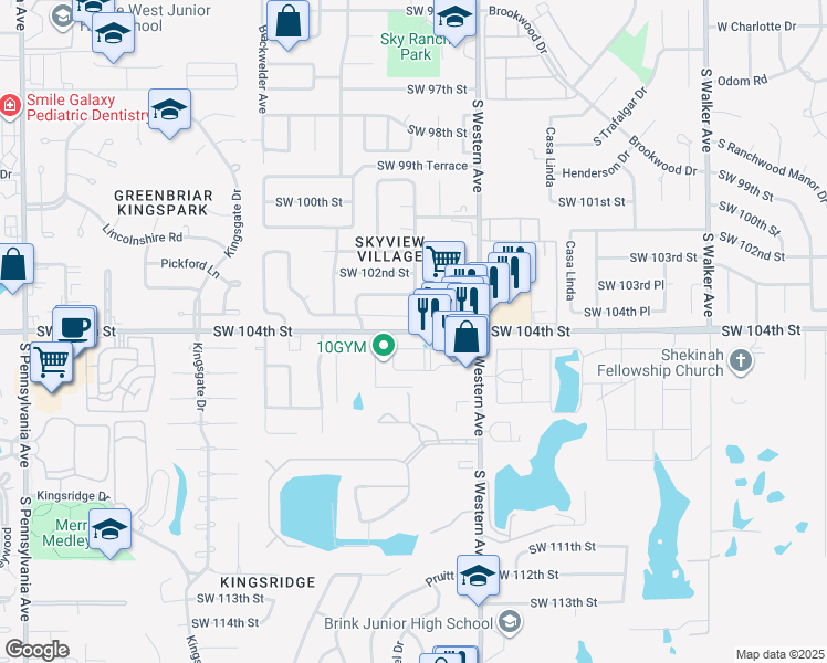 map of restaurants, bars, coffee shops, grocery stores, and more near 1009 Southwest 104th Street in Oklahoma City
