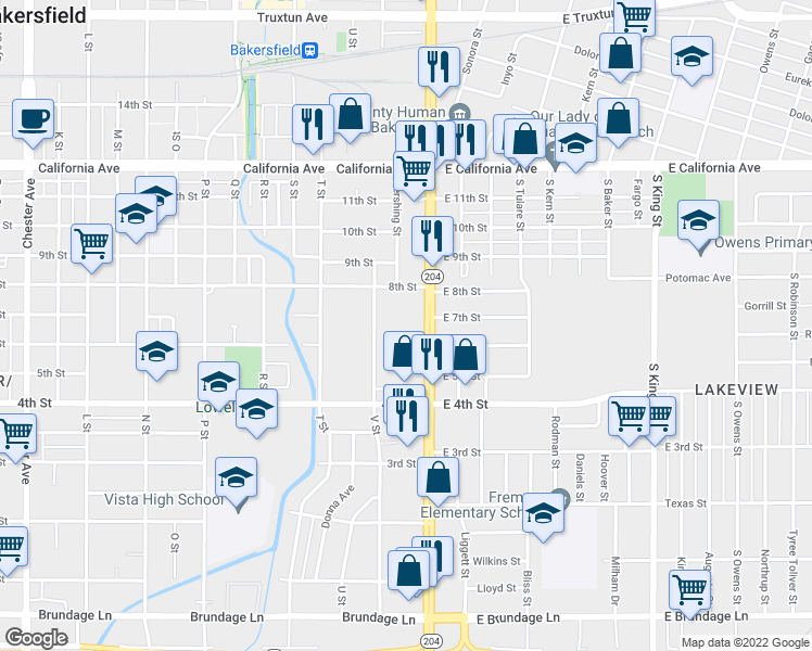 map of restaurants, bars, coffee shops, grocery stores, and more near 711 Union Avenue in Bakersfield