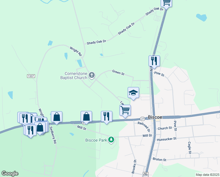 map of restaurants, bars, coffee shops, grocery stores, and more near 220 Lambert Road in Biscoe