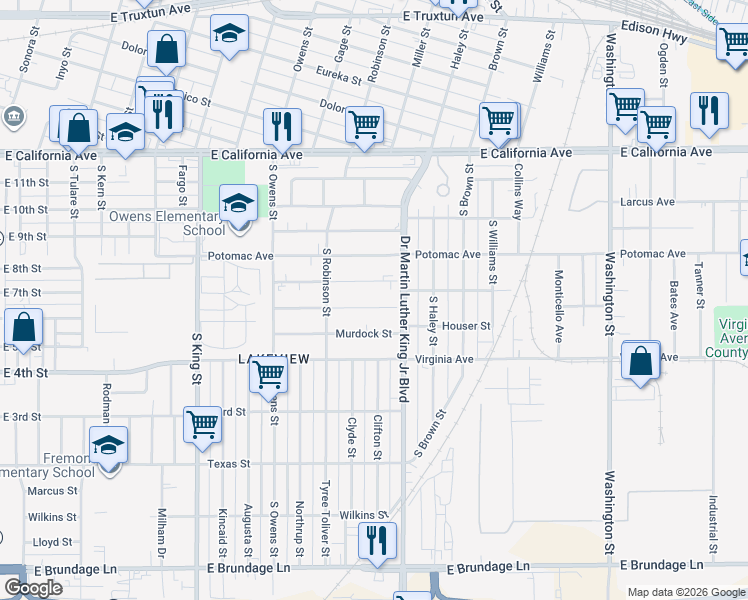 map of restaurants, bars, coffee shops, grocery stores, and more near 1504 Gorrill Street in Bakersfield