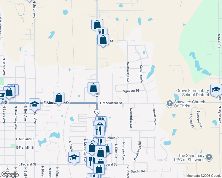 map of restaurants, bars, coffee shops, grocery stores, and more near 3031 North Harrison Avenue in Shawnee