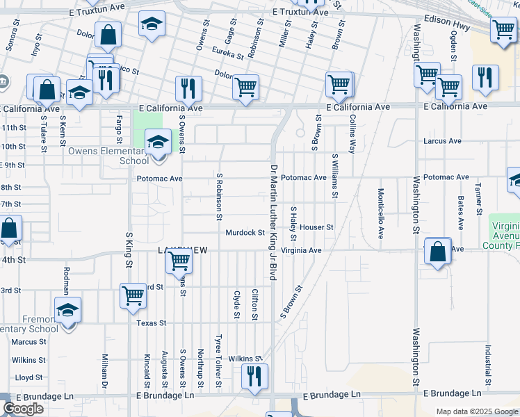 map of restaurants, bars, coffee shops, grocery stores, and more near 1504 Ralston Street in Bakersfield