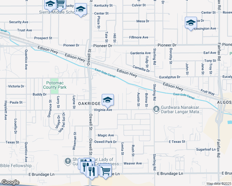 map of restaurants, bars, coffee shops, grocery stores, and more near 600 Poinsettia Street in Bakersfield