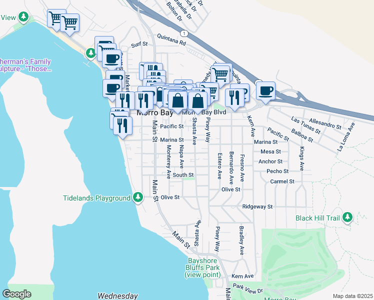 map of restaurants, bars, coffee shops, grocery stores, and more near 545 Driftwood Street in Morro Bay