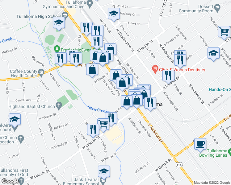 map of restaurants, bars, coffee shops, grocery stores, and more near 212 West Moore Street in Tullahoma