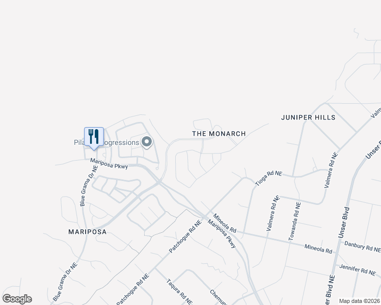 map of restaurants, bars, coffee shops, grocery stores, and more near Mariposa Parkway in Rio Rancho
